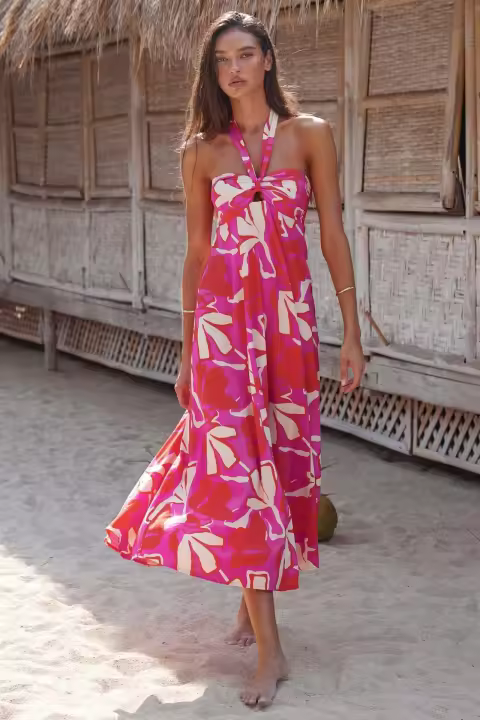 Vestido largo acampanado estampado sin mangas con cuello colgante de verano 2025 para mujer - 1