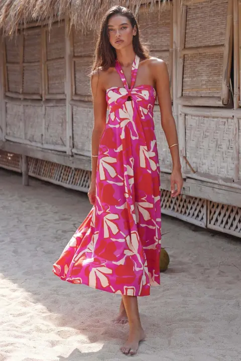 Vestido largo acampanado estampado sin mangas con cuello colgante de verano 2025 para mujer - 1