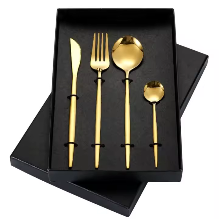 Juego de Cubiertos Dorados de Acero Inoxidable Cuchillo y Tenedor con Caja Material de Cocina - 1