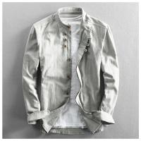 Camisa Casual de Algodón y Lino Estilo Japonés para Hombre Top Clásico Transpirable con Manga Larga y Cuello Alto Color Sólido Harajuku - details 2