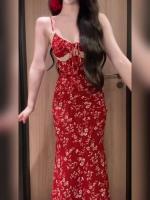 Camisola floral belleza elegante verano princesa cintura adelgazante largo casual uso diario color sólido rojo - details 4
