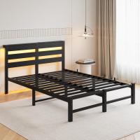 Marco de cama doble con estación de carga y luces LED, plataforma de metal resistente, marco de cama doble de 135 x 190 cm con cabecero de madera con almacenamiento, no necesita - details 4