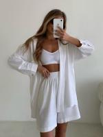 Conjunto de dos piezas de camisa de manga larga con cuello vuelto, botones y bolsillo, y pantalones cortos anchos de pierna, de algodón, estilo primaveral/veraniego. - details 24