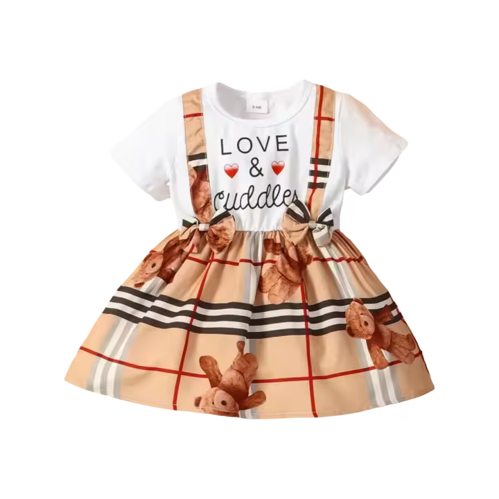 Vestido De Verano Para Bebé Niña Con Cuello Redondo Y Estampado De Oso Y Amor Falso Dos Piezas En Algodón - 1