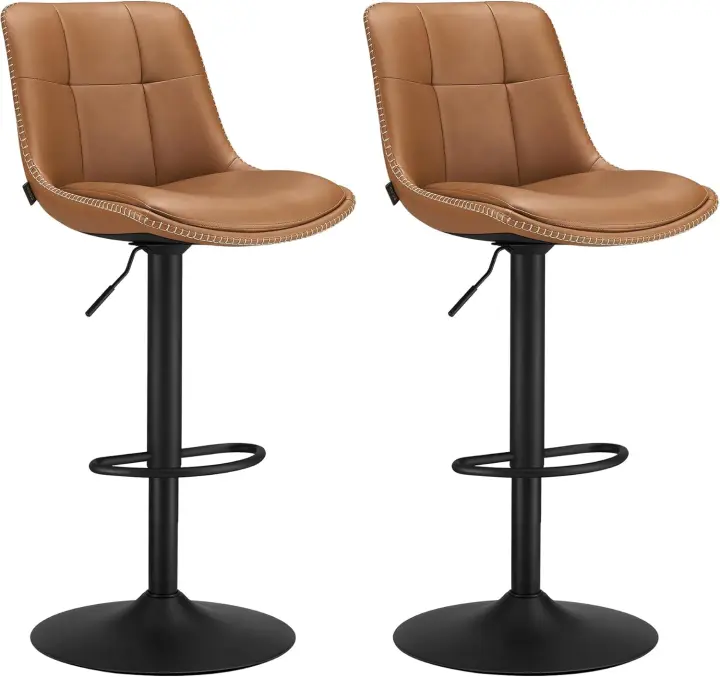 Juego de 2 Taburetes de Bar, Sillas Altas Giratorias Regulables en Altura, Acolchado PU, Sillas de Cocina con Respaldo y Reposapiés, Comedor, Mostrador, Acero, Negro Tinta LJB095B01 - 1