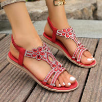 Sandalias planas de talla grande con diamantes de imitación de estilo étnico para mujer con diseño de correa trasera elástica - details 9