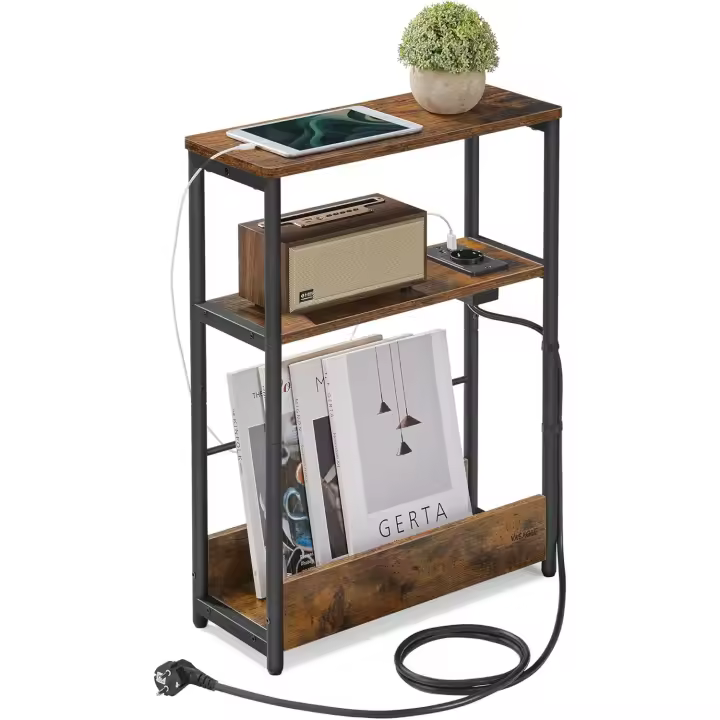 Multienchufe, Mesa Estrecha con 3 Estantes, para Espacios Pequeños con Revistero, para Salón - 1