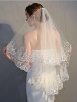 Venta al por mayor, velo de novia corto de encaje de 2 niveles para mujer con peine, borde de encaje de lentejuelas con apliques de alta calidad - details 3
