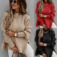 Autumn winter women knitted sweater loose warm elegant solid batwing sleeve side split pullovers - details 0