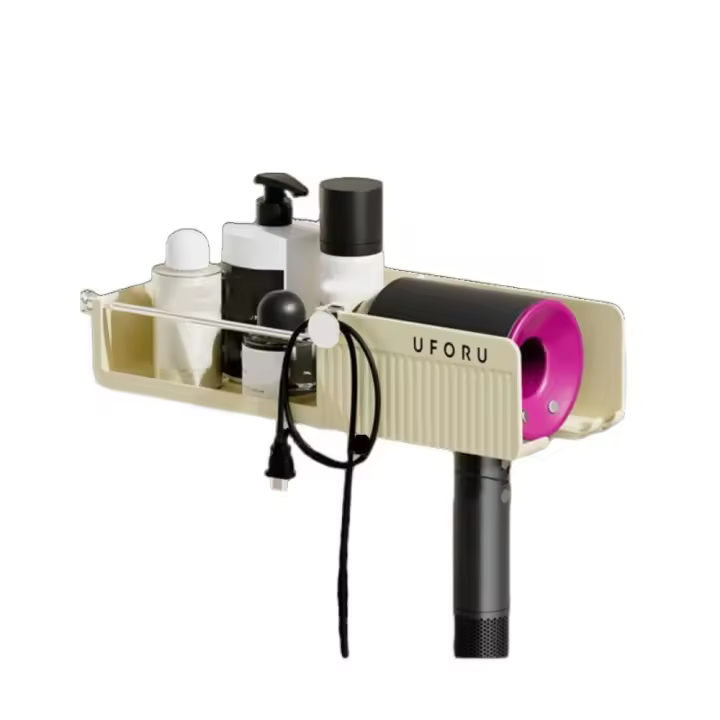 Soporte para secador de pelo montado en la pared, estante de almacenamiento para secador de pelo de gran capacidad, ahorro de espacio, organizador de secador de pelo de plástico autoadhesivo - 1