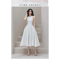 2025 Vestido de Fiesta Sin Mangas con Rhinestones Blancos Gran Volante Slim Largo Plisado Vestido de Baile Estilo Diosa de Veran - details 0