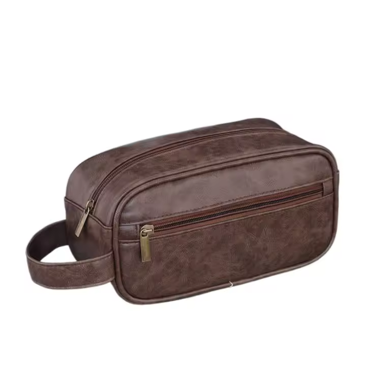 Bolsa de lavado de cuero portátil con múltiples bolsillos para hombre, bolsa con cierre de gran capacidad para almacenamiento de cosméticos, bolsa de maquillaje de mano impermeable para viajes - 1