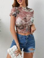 Nueva camiseta de manga corta elegante con estampado de malla, camisetas de manga corta con ribete de oreja de madera para mujeres - details 2