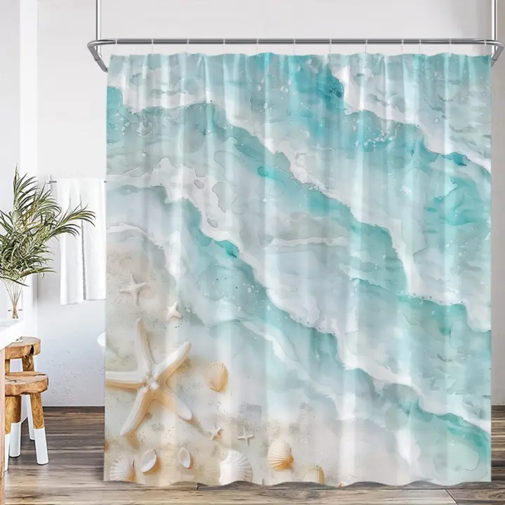 Cortina de Ducha Moderna de Mar Azul Estrellas de Mar, Ondas Japonesas para Todas las Estaciones - 1