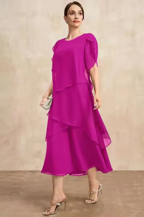 Temperamento gasa madre de la novia dobladillo en capas irregulares manga corta Maxi fiesta vestido de invitados de boda de talla grande - 1