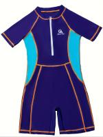 Traje de baño de una pieza con cremallera frontal y bloques de color para niños, para surf, natación y buceo - details 0