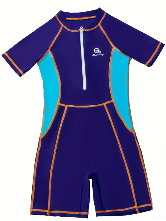 Traje de baño de una pieza para surfear, nadar, bucear, con cremallera frontal y bloques de color para niños - 1