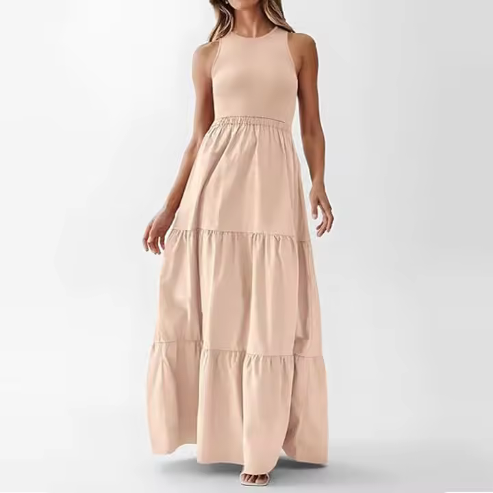 Vestido bohemio largo de playa para mujer, elegante, sin mangas, color sólido, vintage, vestido de fiesta maxi con vuelo grande, silueta en línea A para verano. - 1