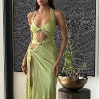 BUNO-Vestido largo liso con cuello Halter para Mujer, prenda elegante sin mangas con abertura lateral, ropa de calle para vacaciones - details 6
