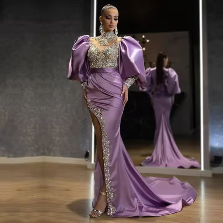 Vestido de mujer con manga de princesa, largo envuelto en el trasero, con cola y vestido de noche con dijes de salpicaduras doradas - 1