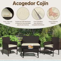 4 Piezas, 1 Sofá 2 Sillones con Cojines y 1 Mesa con Vidrio para Patio/Terraza/Balcón (Marrón/Beige) - details 1