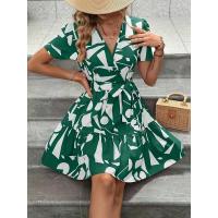 Vestido estampado plisado con cuello en V y cinturón suelto de moda bohemia para mujer - details 3