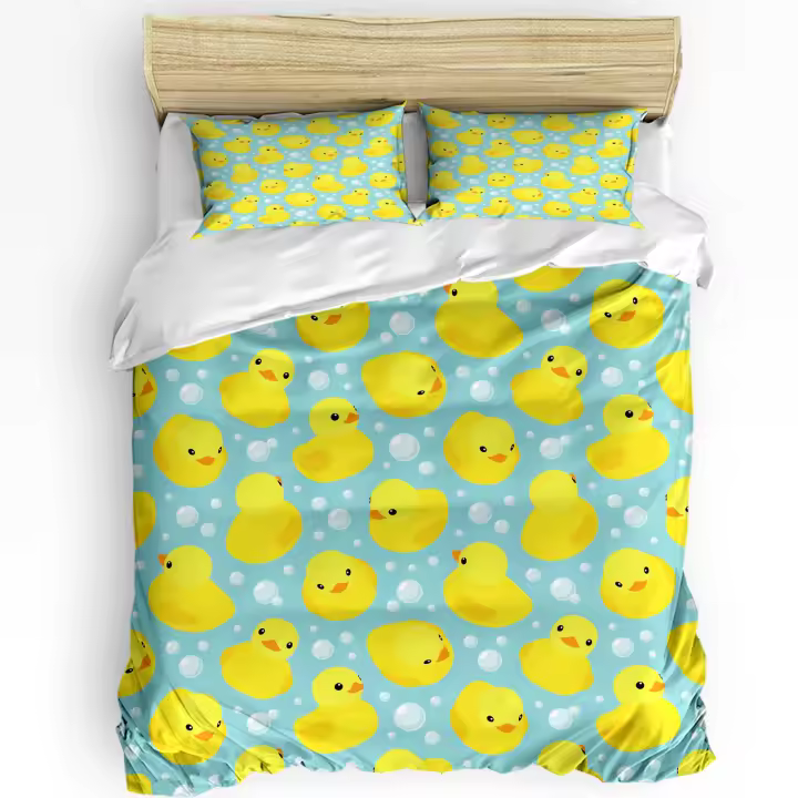 Seta de Cama Kawaii con Animal de Pato Lindo 3 Piezas Toalla de Tela para el Hogar Funda de Almohada y Cubierta de Cama sin Seda - 1