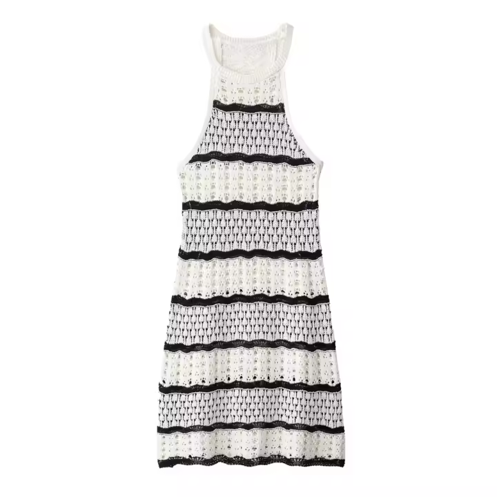 Vestido casual corto y sencillo a rayas con cuello halter, sin mangas, novedad de verano 2025 para mujeres con temperamento. - 1