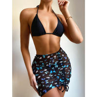 Bañador con estampado blanco para mujer, conjunto de Bikini de 3 piezas, microbikini triangular con cordón, traje de baño Halter de cintura baja, novedad de 2021 - details 9