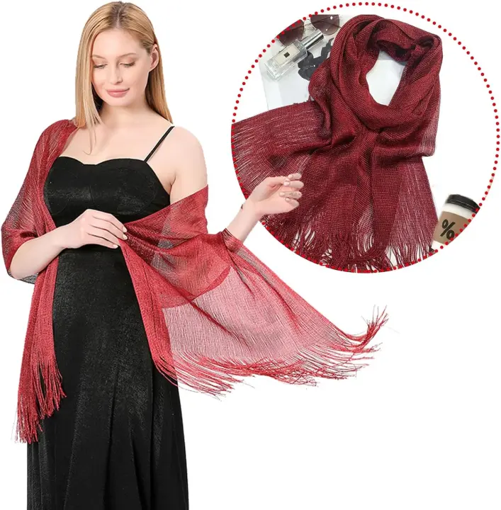 Mujer con hebilla de metal brillante, elegante bufanda bordada con flecos, para eventos nocturnos de comuniones - 1