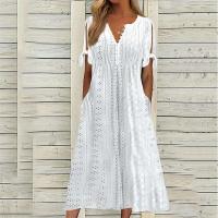 Elegante Vestido de Manga Corta con Cuello Redondo Color Sólido, Moda Casual con Bolsillos y Botones - details 21