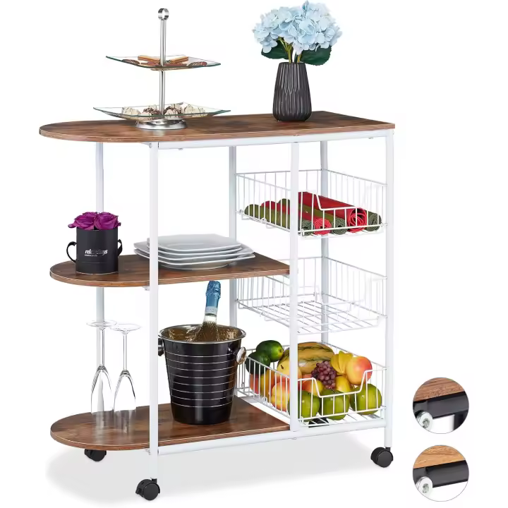 Carrito Cocina con 3 estantes y 3 cestas, Industrial, Metal y MDF, 84x83x37 cm, Negro/Marrón - 1