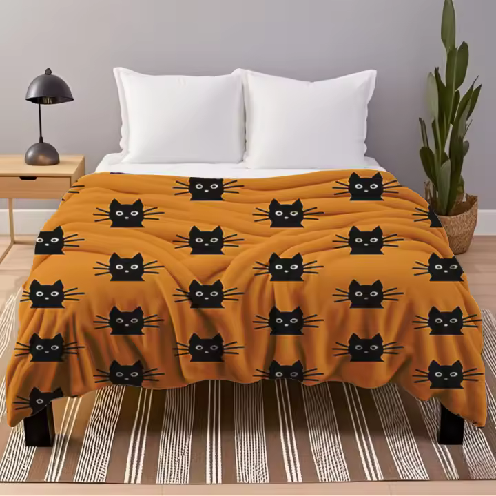 Manta de Cama de Franela Minimalista Moderna Estilo de Gato Negro Resistente a la Decoloración - 1
