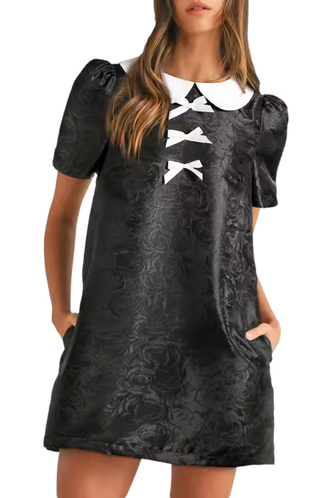 Elrachen Mini vestido de mujer con estampado floral y manga abullonada con cuello de lazo negro, tallas S-XL - 1