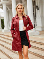 Gabardina cortavientos de piel sintética para mujer, chaquetas con cinturón, abrigo largo medio - details 15