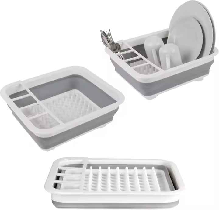 Escurreplatos plegables gris con separador de cubiertos, perfecto para propietarios de viviendas o acampadas, resistente a roturas, diseño que ahorra espacio - 1