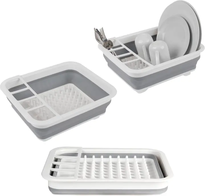 Escurreplatos plegables gris con separador de cubiertos, perfecto para propietarios de viviendas o acampadas, resistente a roturas, diseño que ahorra espacio - 1