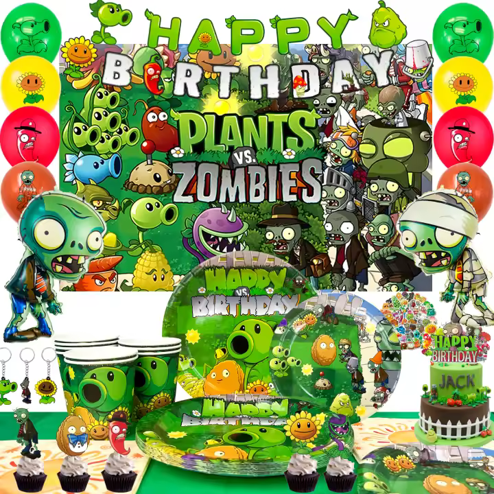 Suministros para fiestas de Plants vs Zombies, Kit de fiesta de Plants vs Play Game Zombies - Globos de Plants vs Zombies Banner Fondo Pegatinas Platos Tazas Servilletas, etc. Suministros de decoración de Plants vs Zombies - 1