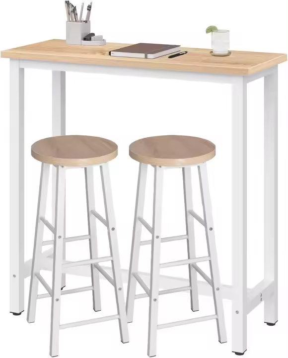 Conjunto de Mesa de Bar y 2 Taburetes, Muebles de Comedor, Mesa Alta y Taburetes de Bar, Barra Cocina y Salon, 140x40x100 cm, Metal + MDF, Roble Claro - 1