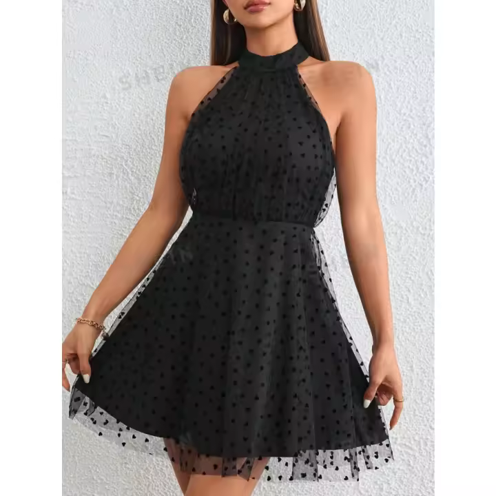 Vestido de malla elegante de corte corto entrecruzado para verano, usado con cinturón - 1