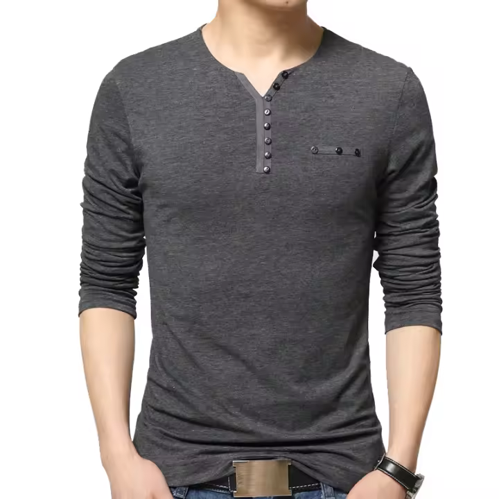 Camiseta de Hombre CASUMANL Talla EU Camiseta de Moda Otoño Manga Larga Cuello Henry de Algodón Ajustada para Hombre - 1