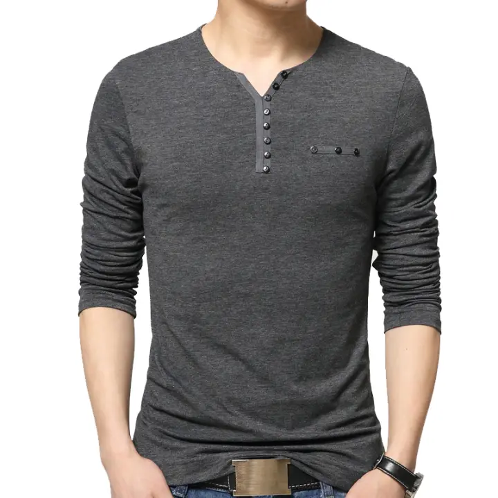 Camiseta de Hombre CASUMANL Talla EU Camiseta de Moda Otoño Manga Larga Cuello Henry de Algodón Ajustada para Hombre - 1