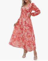 "Vestido Largo Bohemio Mujer 2025- Escote V Estampado Floral, Talle Alto, Mangas Largas, Moda Verano Boho Chic, Vestidos Hippies Elegantes para Festivales, Playa o Diario |   Envío Rápido Miravia" - details 18