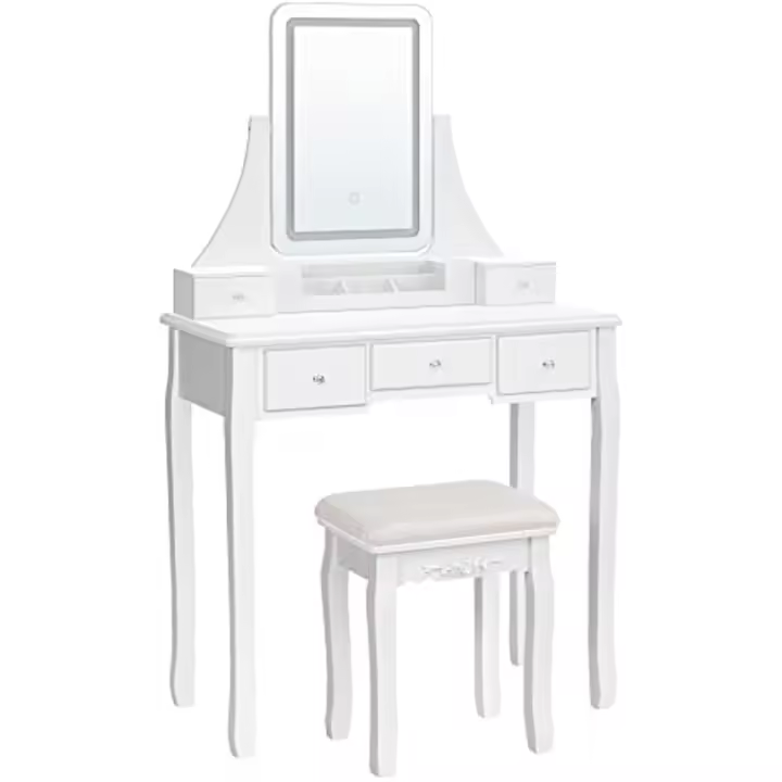 Tocador de Maquillaje con Luces LED 3 Colores, Brillo Ajustable, Espejo Giratorio 360°, Taburete Acolchado, 5 Cajones y Organizador Extraíble Blanco - 1