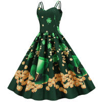 Spaghetti strap summer women green floral print high waist slim elegant vintage a-line midi dress - details 2