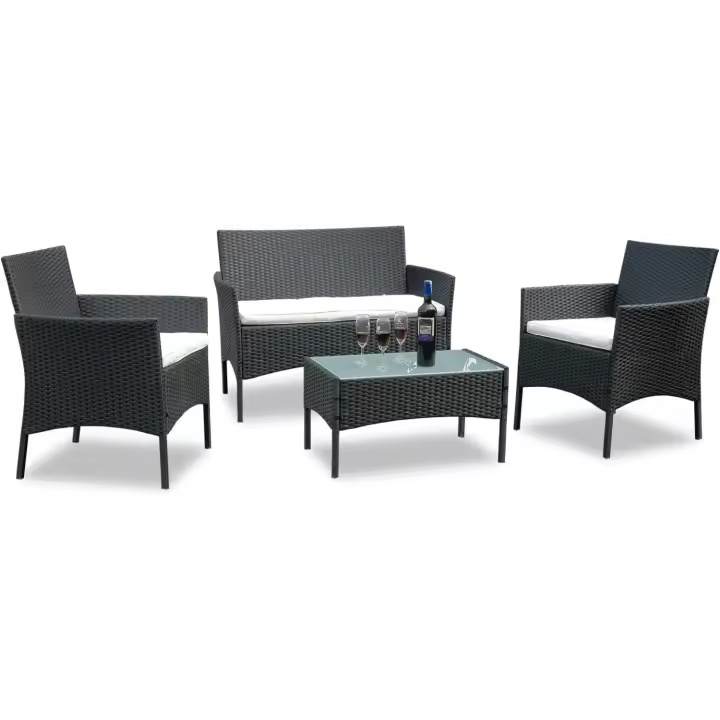 Muebles de Jardín de Polirratán Conjunto de Balcón de 7 Piezas Sofá, Sillas Individuales, Mesa y Cojines de Asiento Diseño de Terraza para Balcón Negro - 1