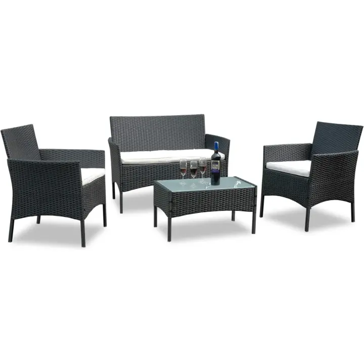 Muebles de Jardín de Polirratán Conjunto de Balcón de 7 Piezas Sofá, Sillas Individuales, Mesa y Cojines de Asiento Diseño de Terraza para Balcón Negro - 1