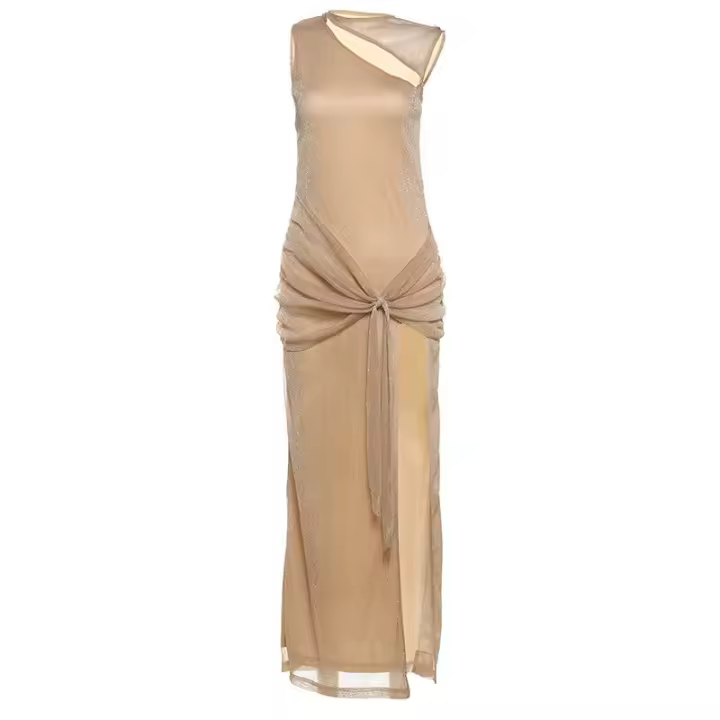 BUNO-de vacaciones de Nibber, vestido de mujer de seda brillante, elegante, sin mangas, sin mangas, con nudo cruzado fruncido, vestido de tendencia 2025, elegantes bodycons largos - 1