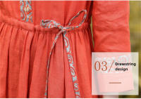 Elegante Vestido Rojo Vintage de Algodón Lino Moda Casual Suelta para Mujeres en Primavera Otoño - details 8