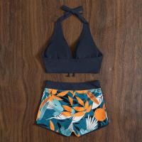 Bikini abierto con estampado de hojas retro en talla grande, conjunto de traje de baño de dos piezas con correas estables para mujer - details 99